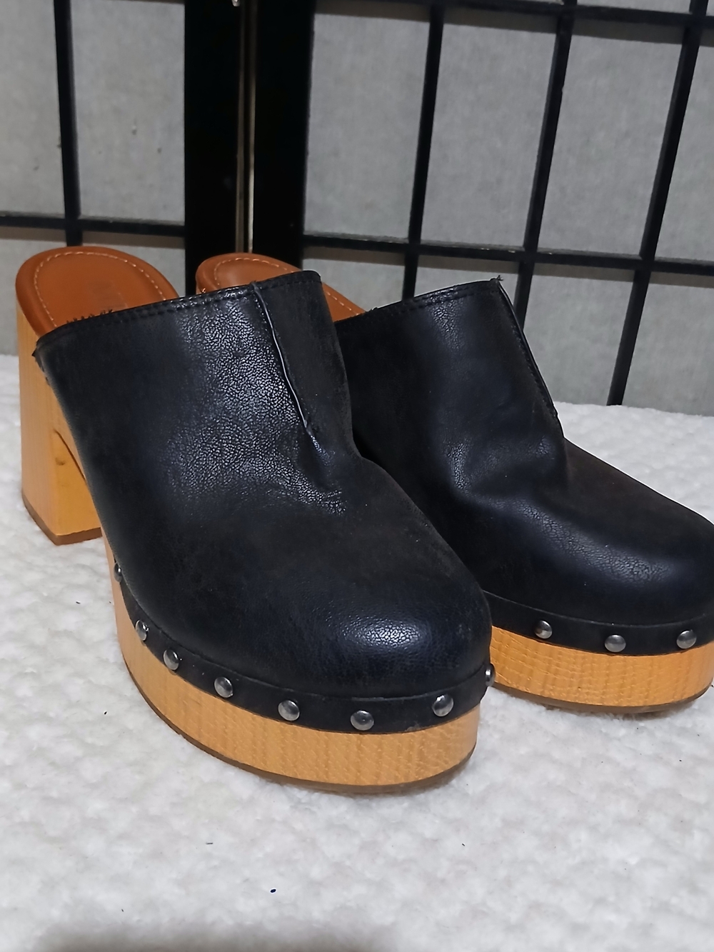 MIA Black Leather Platform Clog Mules with Wood-Effect Block Heel